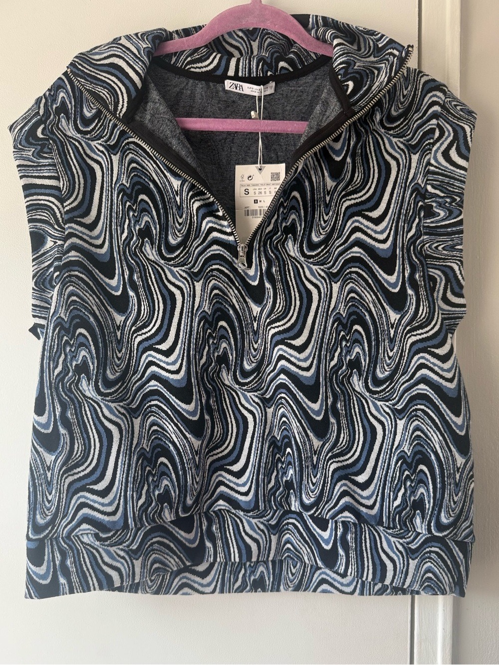 NWT Zara Swirl Pattern Short Sleeve Zip Up Sweater Vest Blue White Small $50